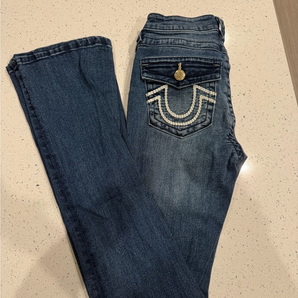 True Religion Dark Blue Straight Leg Jeans with Embroidered Back Pocket